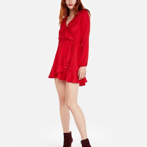 EXPRESS RUFFLE ELASTIC WAIST WRAP DRESS IN RED XXS - Picture 3 of 8